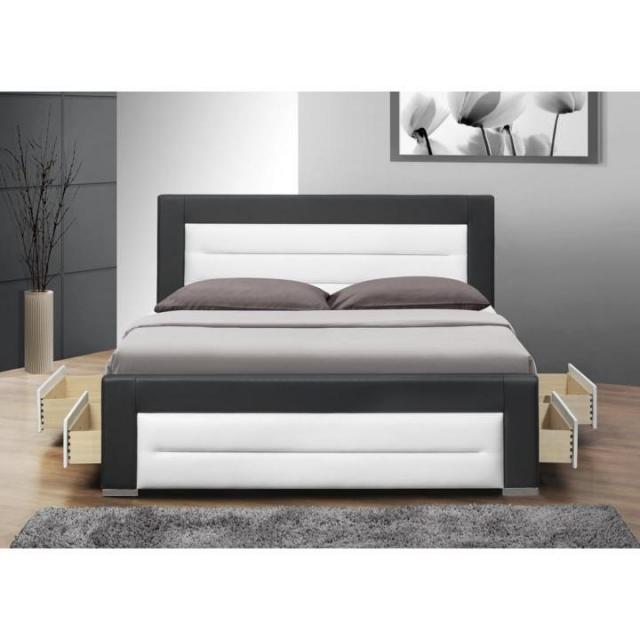 Luxus modern ágy lécezett ráccsal + 4 fiók, fekete + fehér ekobőr, 160x200, NAZUKA, Kategória:Ágyak, Szélesség:cm Hosszúság:cm Magasság:cm